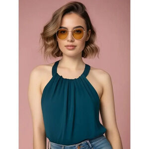 Express Women's‎ Sleeveless Halter Blouse Blue Size S Backless Pleated